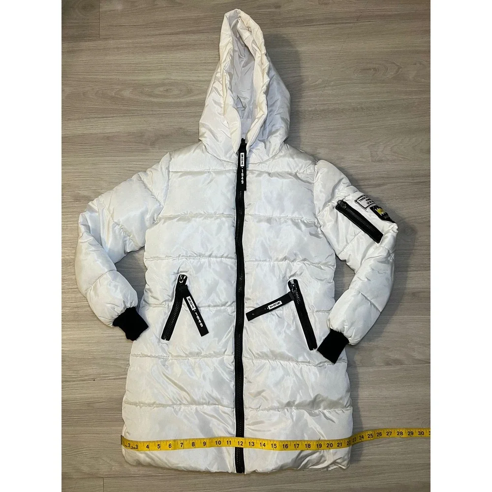 YYACHU Long Puffer Coat Womens M White Hooded Quilted Zip Front Winter Jacket